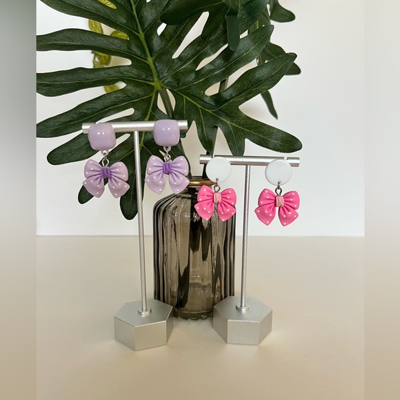 Cute Lolita Pink & Purple Bow Dangle Earrings Set - Polka-dot Bow Earrings - Picture 1 of 17